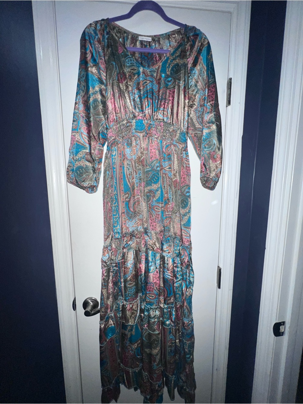 Boho Paisley Tiered Maxi Dress in Teal and Pink